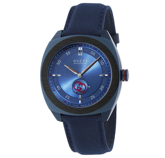 A sleek wristwatch that features a modern design. Deep sea blue.