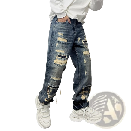 Men's Light Blue Distressed Ripped Patch Denim Jeans