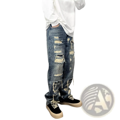Men's Light Blue Distressed Ripped Patch Denim Jeans